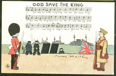 ポストカード、風刺的な色彩：アンドレ・ヘレ（1875-1945）のイラストによる「神よ、王を守りたまえ-14～18年戦争、イギリス、英国、歌う兵士たち 作： Andre Helle