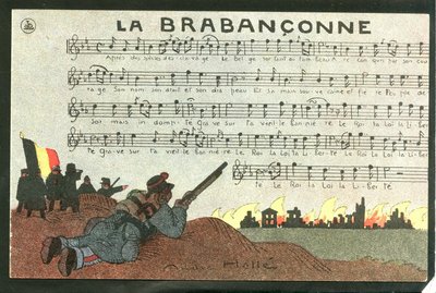 1915年頃の風刺絵葉書：アンドレ・ヘル（1875-1945）による「ラ・ブラバンコンヌ-14～18年戦争、ベルギー、聖歌、兵士のイラストレーション 作： Andre Helle