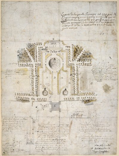1662年、グリニッジ、クイーンズハウスの庭と公園の造園のためのデザイン（ペン、インク、ウォッシュ） 作： Andre Le Notre