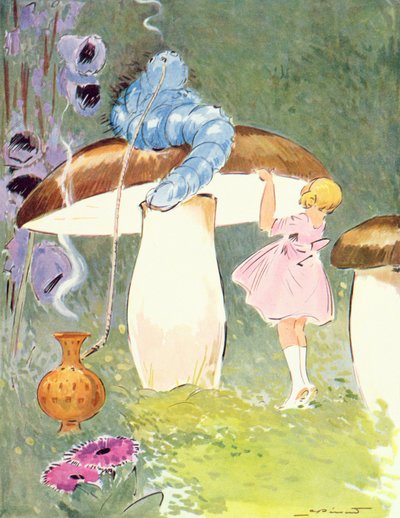 Alice and the Caterpillar、パリの Editions Delagrave 発行の「Alice in Wonderland」のイラスト。 1935年（カラーリソ） 作： Andre Pecoud