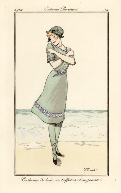 ツートン タフタの水着を着たビーチの女性 作： Andre Pecoud