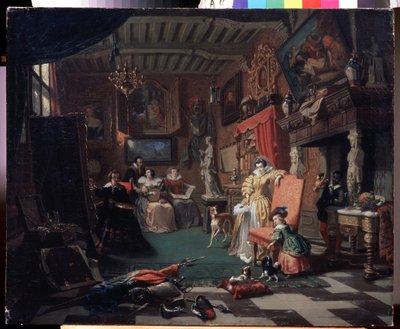 「「肖像画を描く画家アンソニー (アントゥーン) ヴァン ダイク (1599-1641) のスタジオ」」 (サー アントニス ヴァン ダイクが肖像画を描く) Andre Plumot (1829-1906) による絵画 1853 地方美術館、カルーガ ロシア 作： Andre Plumot