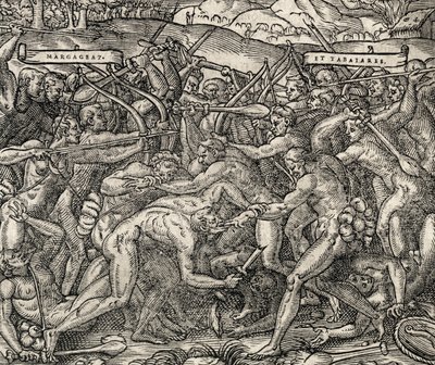 マルガゲース族とタバジャレス族の戦い、アンドレ・テベ（1504-1592）の『万国宇宙論』からの版画 作： Andre Thevet
