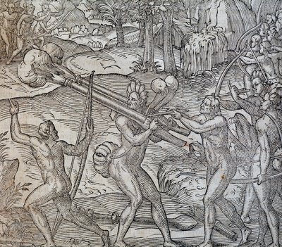 カナダでの原住民同士の戦い（1575年パリ、アンドレ・テベ作『宇宙のコスモグラフィー』より 作： Andre Thevet