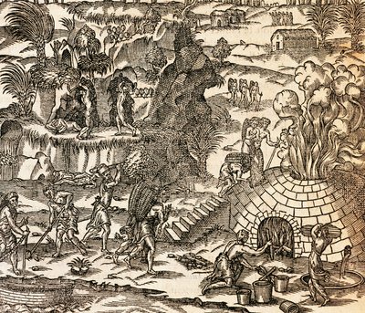 キューバの鉱山で働くインドの奴隷、Andre Thevet による Cosmography のイラスト、彫刻 作： Andre Thevet