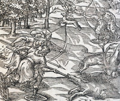 イノシシ狩りをするインド人、アンドレ・テヴェ（1504-1592）の『万国宇宙論』からの版画、パリ 作： Andre Thevet