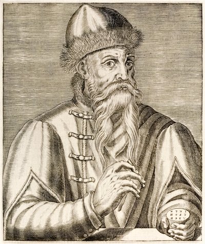 ヨハネスグーテンベルク：1584年に出版されたAndréThévetによるTrue Portraitsから、可動式印刷機の発明者であるドイツの発明家が印刷革命を開始しました 作： Andre Thevet
