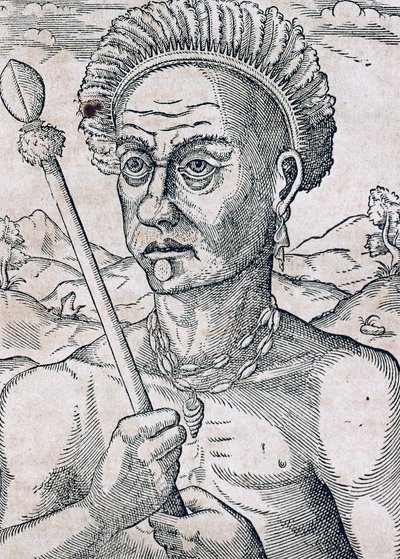 ブラジルのクオニアンベック王、アンドレ・テヴェット（1504-1592）の『万能の宇宙論』からの版画、パリ 作： Andre Thevet