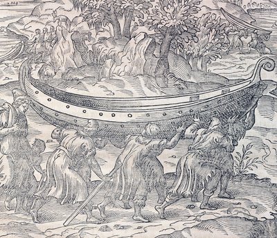 ラップランドの人々が船を運んでいる様子。アンドレ・テヴェ（1504-1592）の『万国宇宙論』からの版画、パリ 作： Andre Thevet