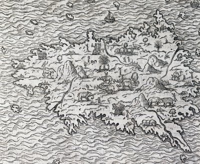 スマトラ島の地図、アンドレ・テベ（1504-1592）の彫刻、フランス・パリ 作： Andre Thevet
