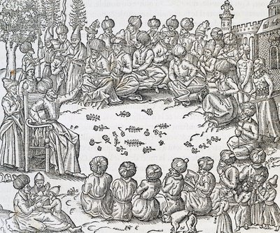 モロッコでのトルコ人とアラブ人の会合、アンドレ・テヴェ（1504-1592）の『普遍的宇宙論』からの版画、パリ 作： Andre Thevet