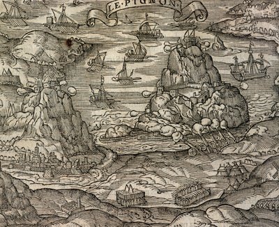 ル・ピニョン島付近での海戦（アンドレ・テヴェ（1504-1592）の『宇宙誌』からの版画）、パリ 作： Andre Thevet
