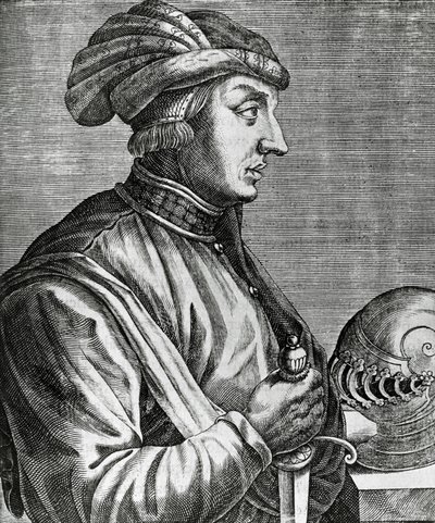 ルッカ公カストラカーニ（1281年頃～1328年頃）の肖像、『輝ける男たちの真実の肖像』からの彫刻版 作： Andre Thevet