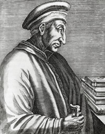 イタリアの政治家、エルダーことコジモ・デ・メディチ（1389-1464）の肖像、『輝ける男たちの真実の肖像』からのエングレーヴィング 作： Andre Thevet