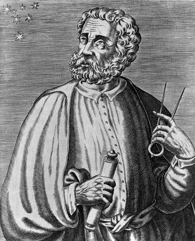 ポルトガルの航海者フェルディナンド・マゼラン（1480-1521）の肖像、アンドレ・テヴェ（1504-1592）のエングレーヴィング（「True portraits and life of Illustrious men（偉大な人物の肖像と人生）」より 作： Andre Thevet