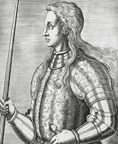 フランスの聖人であり軍事的指導者であったジョーン・オブ・アーク（1412-1431）の肖像、アンドレ・テヴェ（1502-1590）によるエングレーヴィング 作： Andre Thevet