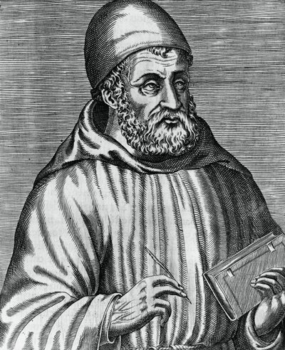 スコットランドの哲学者・神学者であるジョン・ダンズ（通称ダンズ・スコトゥス）（1265年または1266年～1308年）の肖像、アンドレ・テヴェ（1504年～1592年）のエングレーヴィング（「ギリシャ、ラテン、ペイアンの著名人の素晴らしい肖像と人生」より 作： Andre Thevet