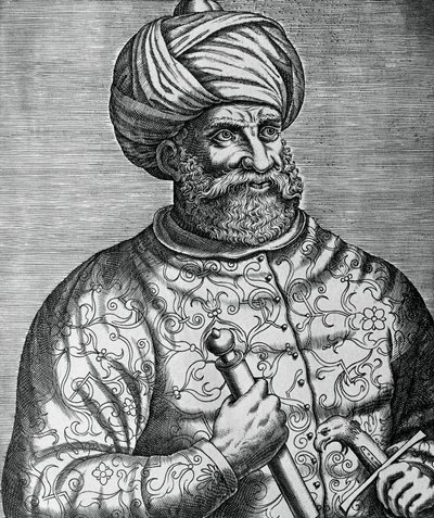 バルバロッサ（1465-1546）と呼ばれたトルコの海賊・提督であるハイル・アル・ディンの肖像、アンドレ・テヴェ（1502-1590）による彫刻 作： Andre Thevet
