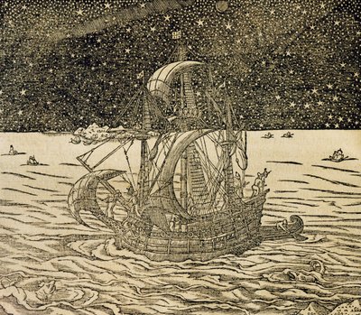 アンドレ・テヴェ（1504-1592）の『万国宇宙論』からの版画「北方航路を行く船乗りたち」、パリ 作： Andre Thevet