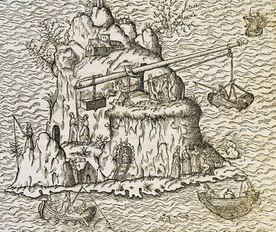 クレタ島の船の輸送技術、アンドレ・テベの『宇宙のコスモグラフィー』の版画 作： Andre Thevet