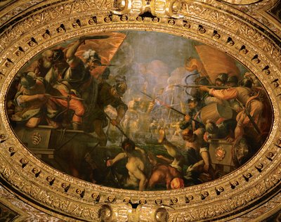 1099年、ジョヴァンニ・ミチエル率いるヴェネツィアのライバル海洋都市ピサに対する勝利（油彩・カンヴァス） 作： Andrea (1539-1614) Vicentino