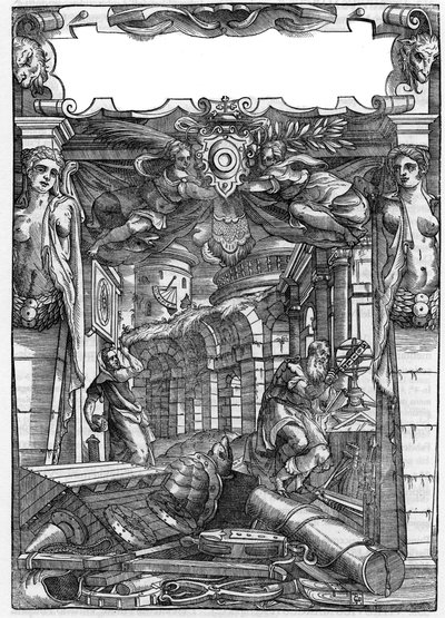 ローマの建築家Marcus Vitrubius Pollio dit Vitruvio（紀元前1世紀）の建築を扱った書籍「De architectura」からの抜粋です。1556年のイタリア版。パラディオの図面をもとにしたエングレーヴィング。 作： Andrea (after) Palladio