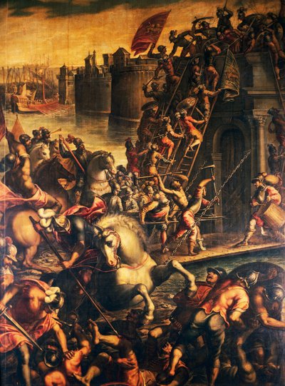ヴェネツィアのドージェ エンリコ ダンドロと彼の十字軍が 1202 年にザダルの街を襲撃、キャンバスに油彩、アンドレア ミキエーリ作 (1542 年頃 - 1617 年頃)、第 4 回十字軍、クロアチア 作： Andrea (c.1542 c.1617) Michieli
