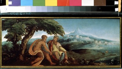 ミダス王とパン（ミダス王とパン）。 アンドレア・スキアボーネ（1520～1582年頃）の絵画。 キャンバスに油彩 作： Andrea Schiavone