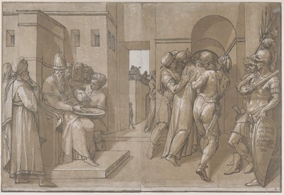 キリストは連れ去られ、兵士たちはシートの右側に立っています, 1585. 作： Andrea Andreani