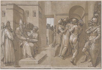 シートの左側で手を洗うピラト、1585 年。 作： Andrea Andreani