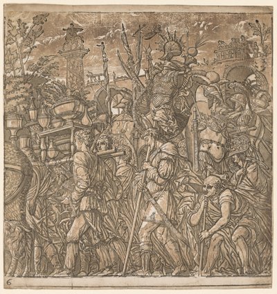 ジュリアスシーザーの勝利：花瓶と戦争のトロフィーを運ぶ兵士、1593-99年。 作： Andrea Andreani