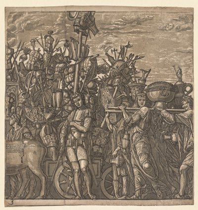 ジュリアスシーザーの勝利：戦争のトロフィーで行進する兵士、1593-99年。 作： Andrea Andreani
