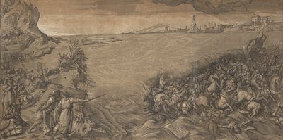 紅海の交差点、モーセは左に立ち、水没する軍隊を指しています..., 1589. 作： Andrea Andreani