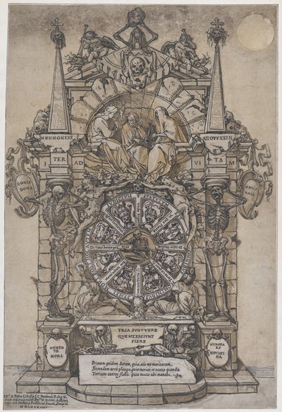 運命の輪の側面の上の建築フレームに 3 つの運命を伴う死の勝利...、1588 年。 作： Andrea Andreani