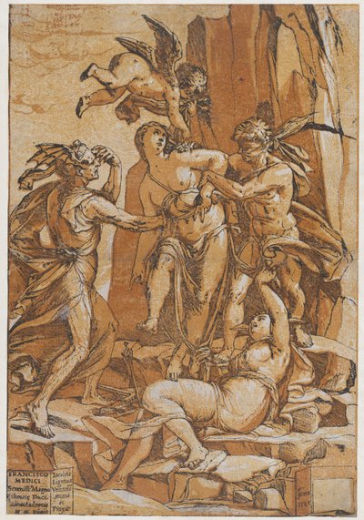 愛、過ち、無知を表す 4 人の人物の中心にいる若い女性としての美徳 ..., 1585. 作： Andrea Andreani