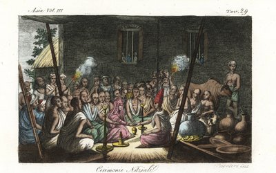 Cerimônia de casamento brâmane hindu ou Bibaha realizada na casa da esposa. Placa de cobre colorida à mão desenhada e gravada por Andrea Bernieri segundo Francois Solvyns de Giulio Ferrario