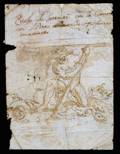 ハイドラとケルベロスを従えたヘラクレスを描いた台座のデザインスケッチ、アンドレア・ブルストロン（1662-1732）、白い紙に水彩ペン、イタリア 作： Andrea Brustolon