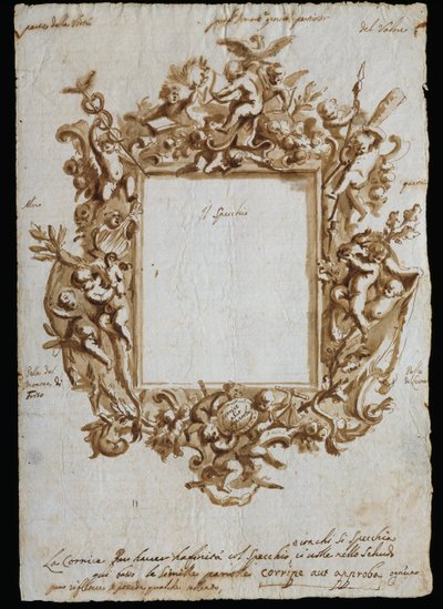 アレゴリーフレームの直交図 1700年頃 Andrea Brustolon（1662-1732）作 白い紙に水彩ペン イタリア 作： Andrea Brustolon