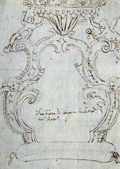 椅子の背もたれのスケッチ、約1715年、アンドレア・ブリストロン（1662-1732）作、白紙に鉛筆とペン、イタリア 作： Andrea Brustolon
