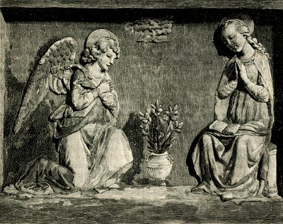 受胎告知」アンドレア・デッラ・ロッビア（1435-1525または1528）作、イタリア・トスカーナ州プラートのマドンナ・デル・ブオン・コンシリオのオラトリオ、『Le cento citta d