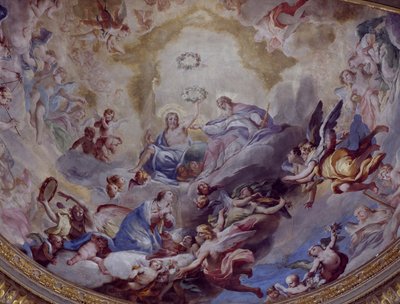 聖母の戴冠」は、アンドレア・ランザーニ（1641-1712）が1699年に描いたフレスコ画で、ロディのインコロナータ聖域の聖歌隊のものです。イタリア 作： Andrea Lanzani