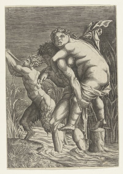 男は女を背負い、サテュロス 作： Andrea Mantegna (school of)