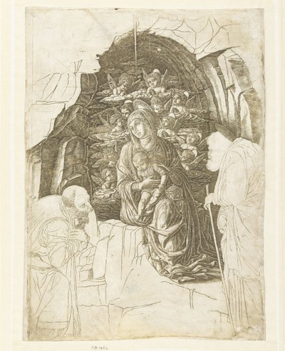 マリアと子供が洞窟で天使に囲まれ、ヨセフと王が崇拝している 作： Andrea Mantegna (school of)