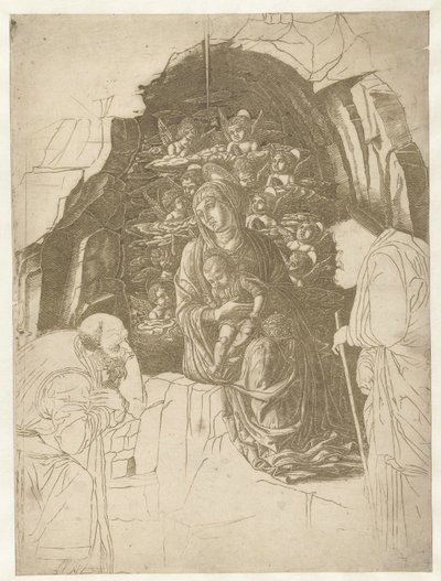 ヨセフと王が崇拝している洞窟で天使に囲まれた子供を持つメアリー 作： Andrea Mantegna (school of)