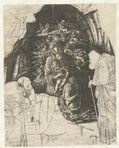 ヨセフと王が崇拝している洞窟で天使に囲まれた子供を持つメアリー 作： Andrea Mantegna (school of)