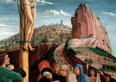 サン・ゼーノの祭壇画：磔刑。詳細テンペラ、カンヴァス アンドレア・マンテーニャ（1431-1506）作 1459-1460年 パリ、ルーヴル美術館 作： Andrea Mantegna