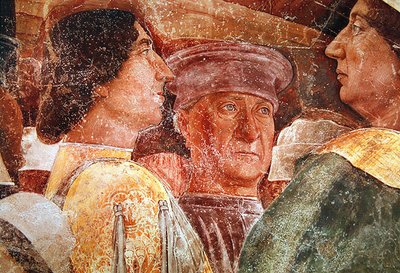 フランチェスコゴンザーガ枢機卿の到着、マンテーニャと右側の廷臣の詳細、c.1465-74（詳細は78454） 作： Andrea Mantegna