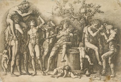 ワインの大樽の樽、c.1470-90（彫刻とドライポイント） 作： Andrea Mantegna