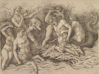 海の神々の戦いフリーズの右の部分、およそ。 1485-88。 作： Andrea Mantegna