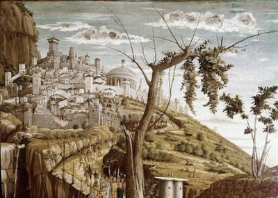 オリーブの木の庭で祈るキリスト、プレデッラの左側、サンゼーノの祭壇画（木のテンペラ、1457-1460年頃） 作： Andrea Mantegna